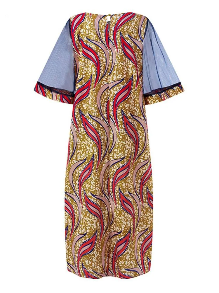 Elegant Kaftan Dress Women Dress Half Sleeve O Neck Floral Printed Maxi Party Dress