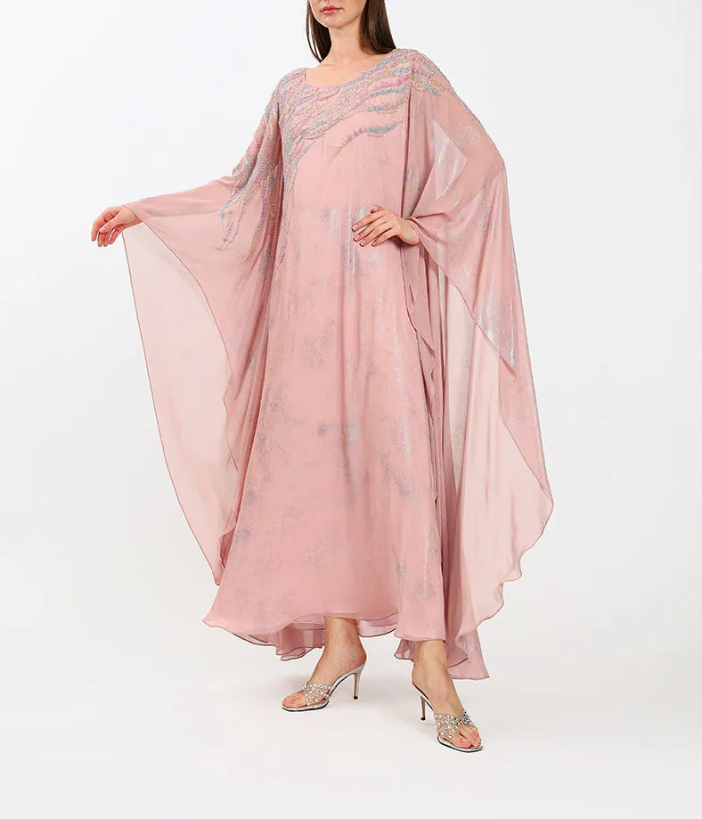 Elegant Pastel Pink Embellished Chiffon Kaftan