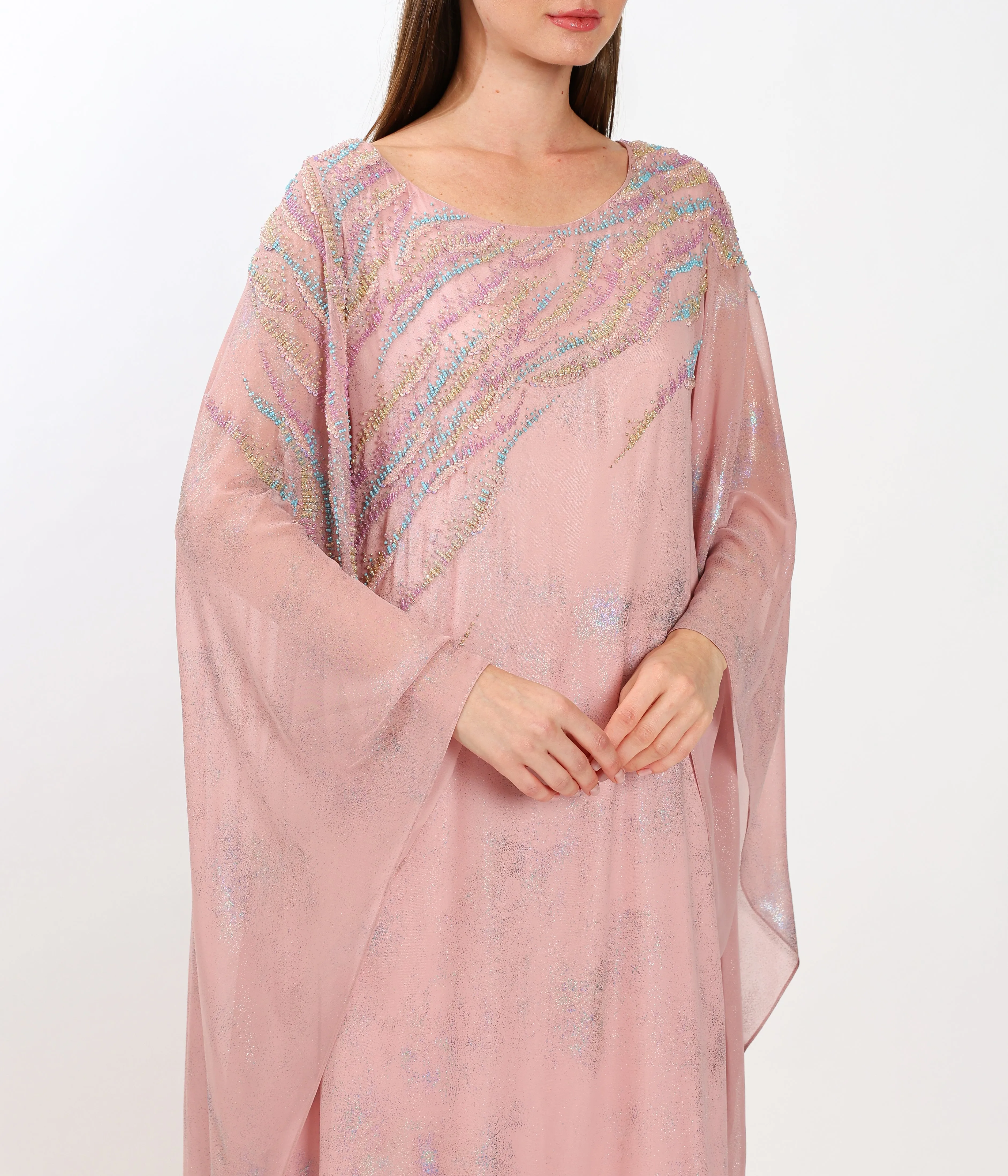 Elegant Pastel Pink Embellished Chiffon Kaftan