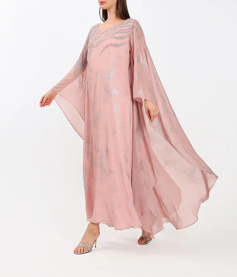 Elegant Pastel Pink Embellished Chiffon Kaftan