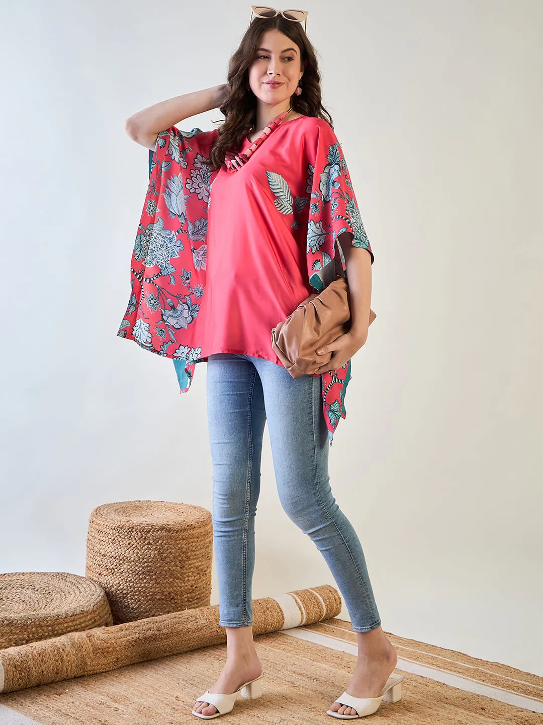 Elegant Red Floral Kaftan Top