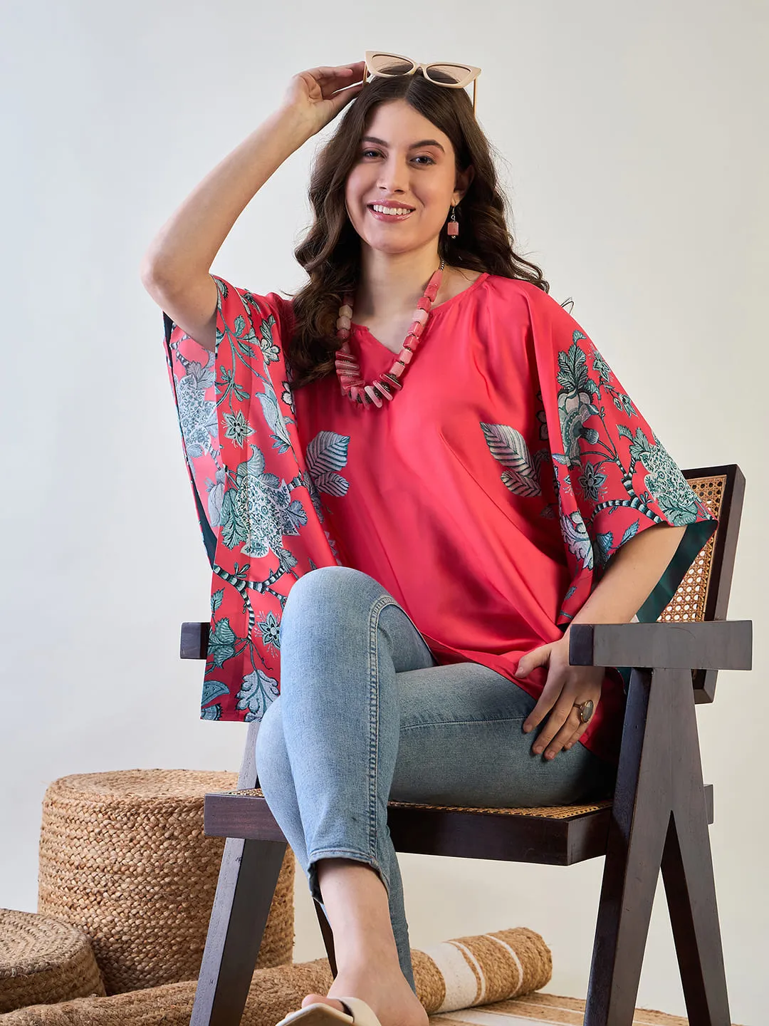 Elegant Red Floral Kaftan Top