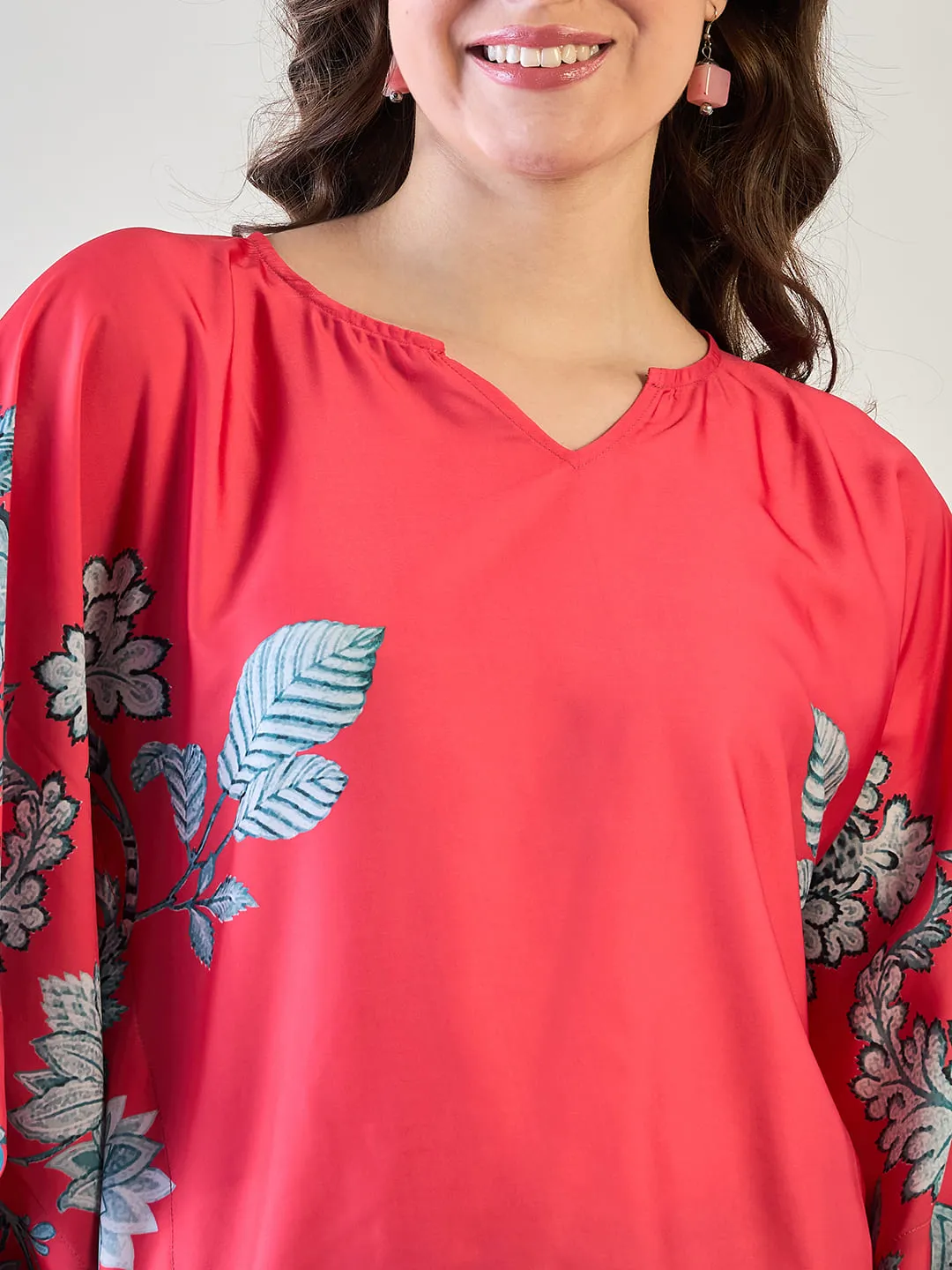 Elegant Red Floral Kaftan Top