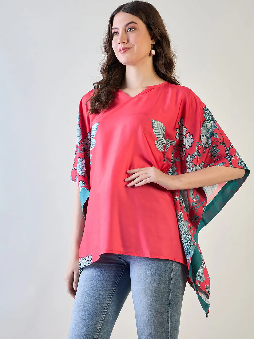 Elegant Red Floral Kaftan Top