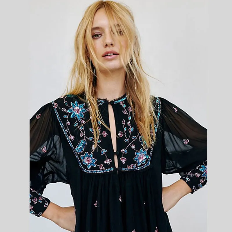 Embroidered long sleeve chiffon short boho dress