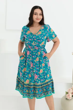 Emily Bohemian V-Neck Dress In Green Floral