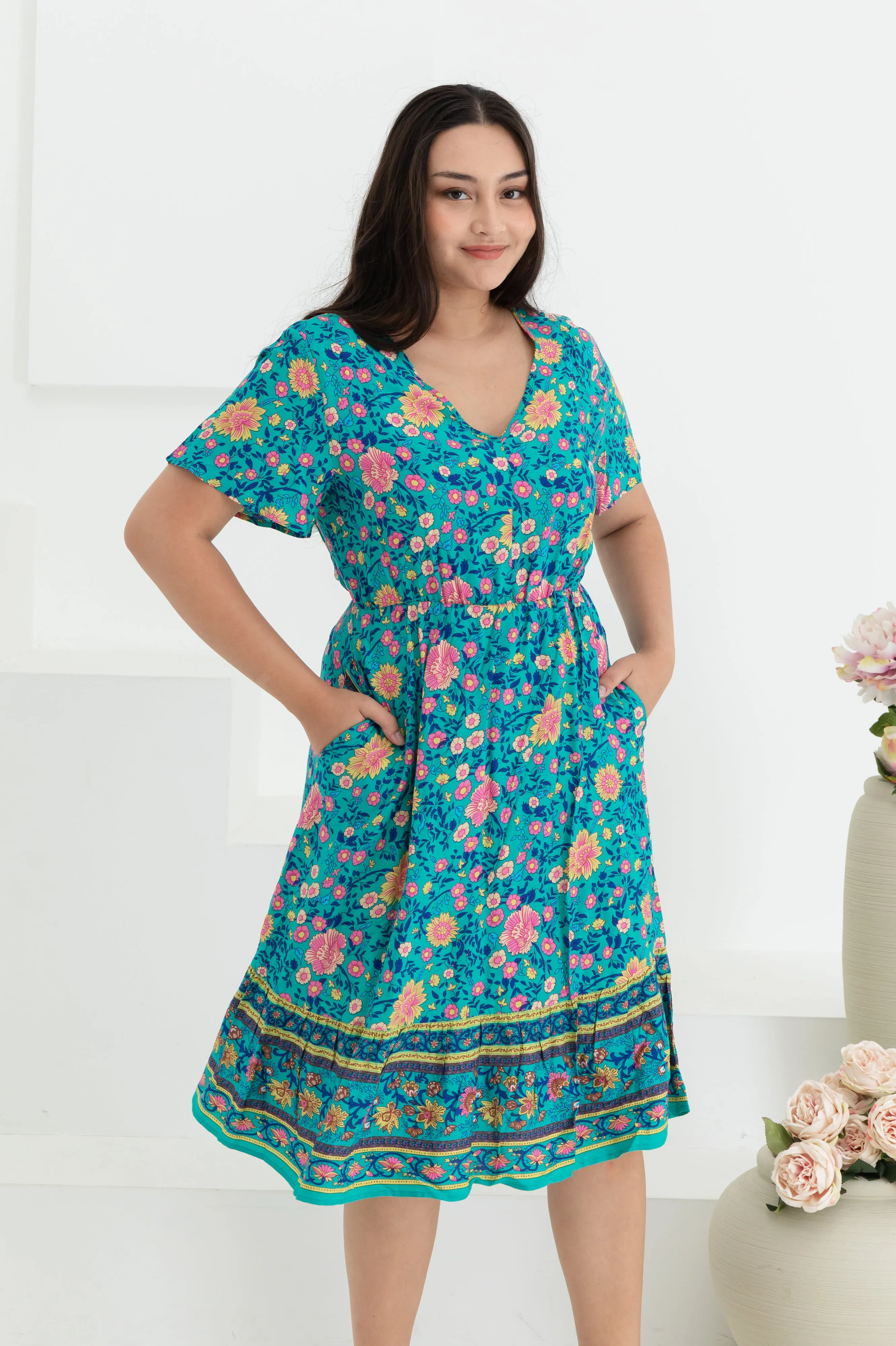 Emily Bohemian V-Neck Dress In Green Floral