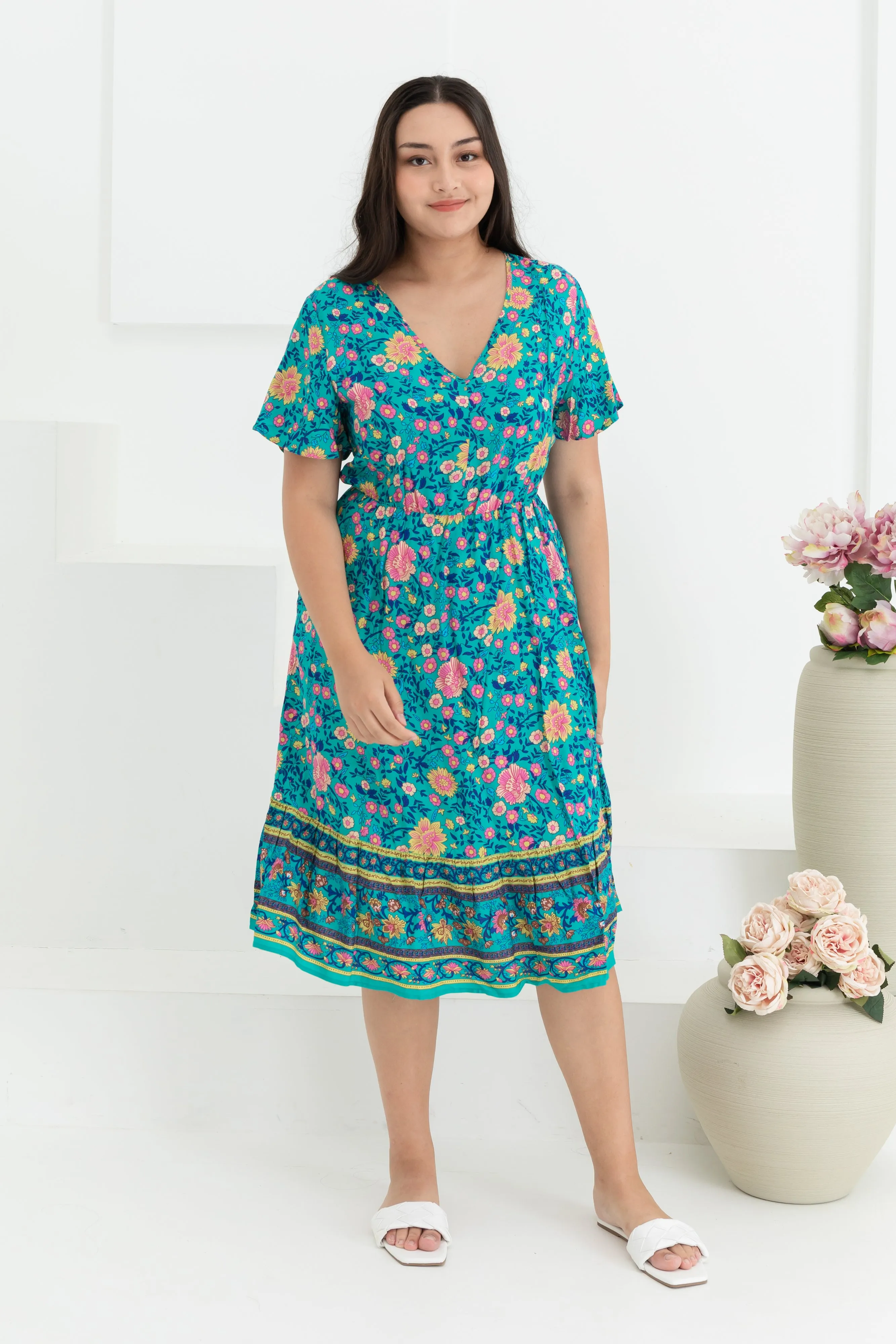 Emily Bohemian V-Neck Dress In Green Floral