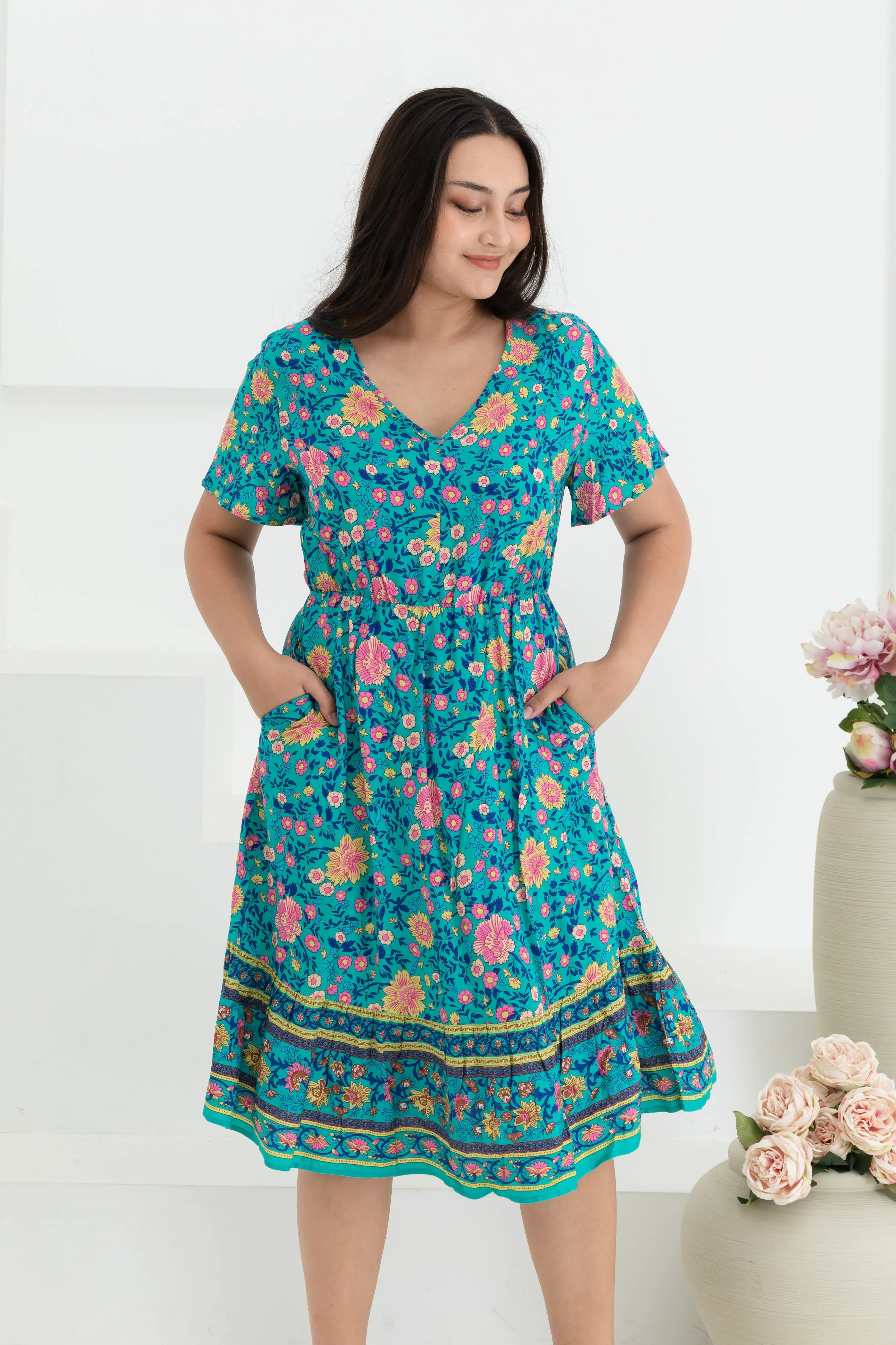 Emily Bohemian V-Neck Dress In Green Floral