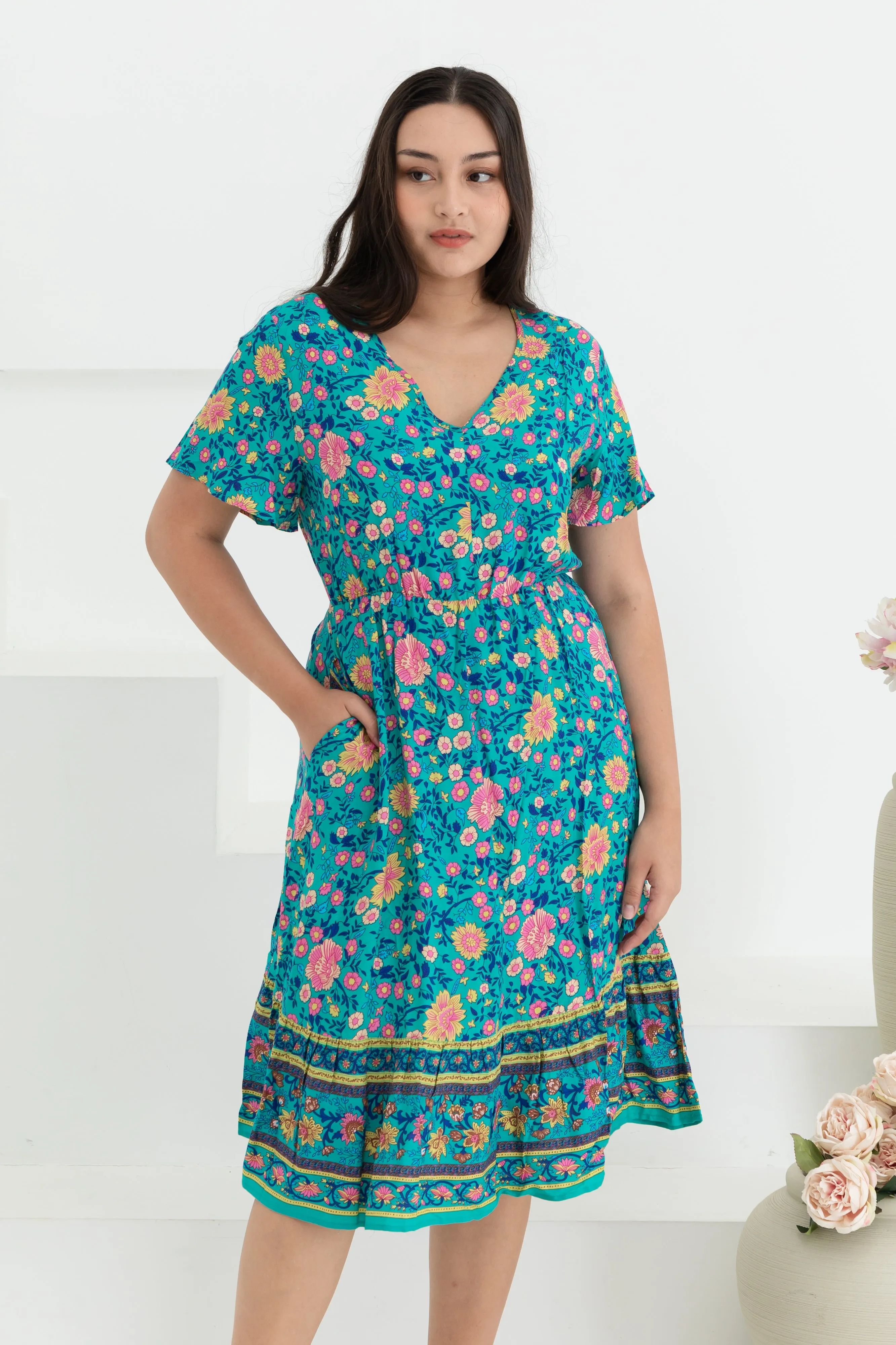 Emily Bohemian V-Neck Dress In Green Floral