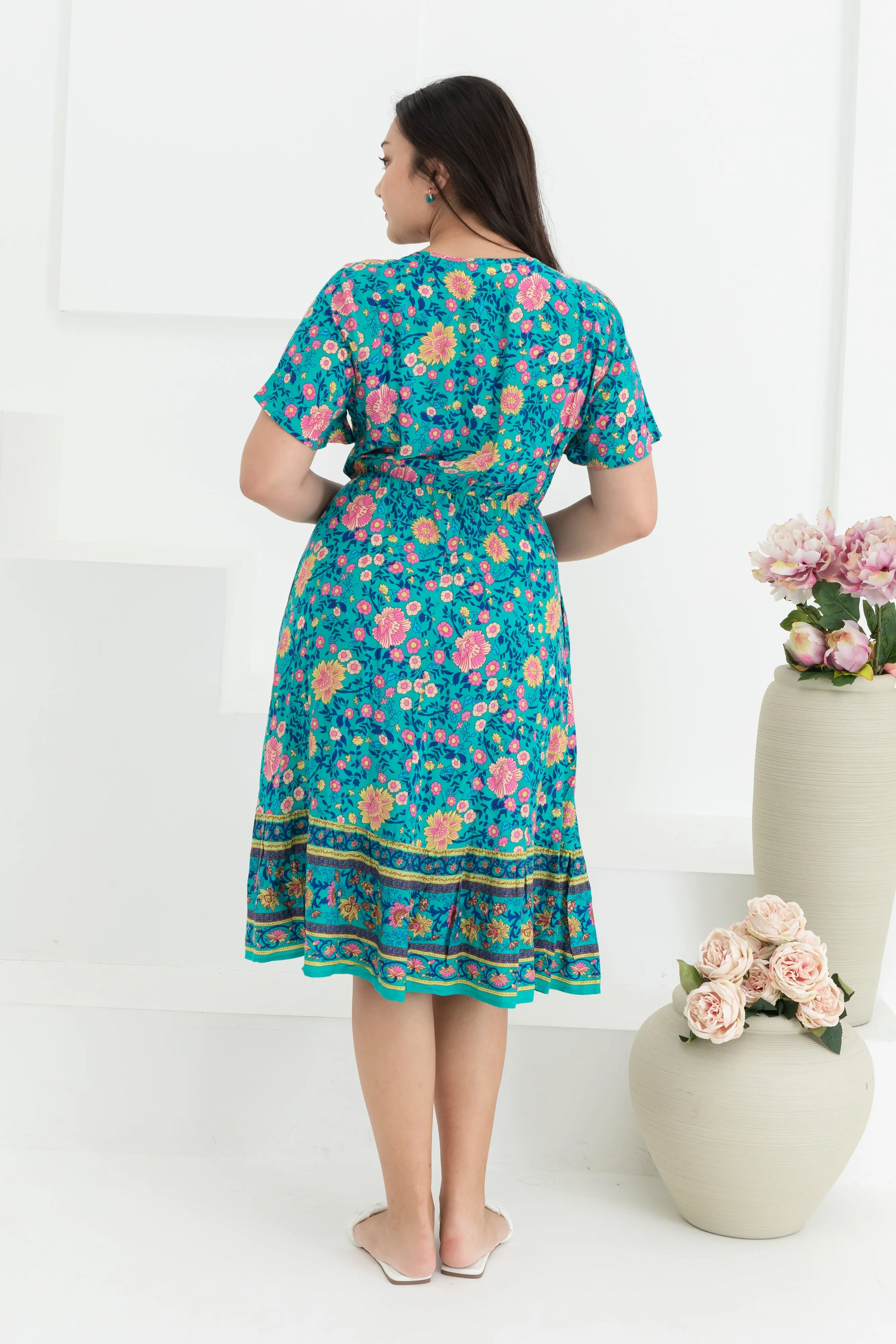 Emily Bohemian V-Neck Dress In Green Floral