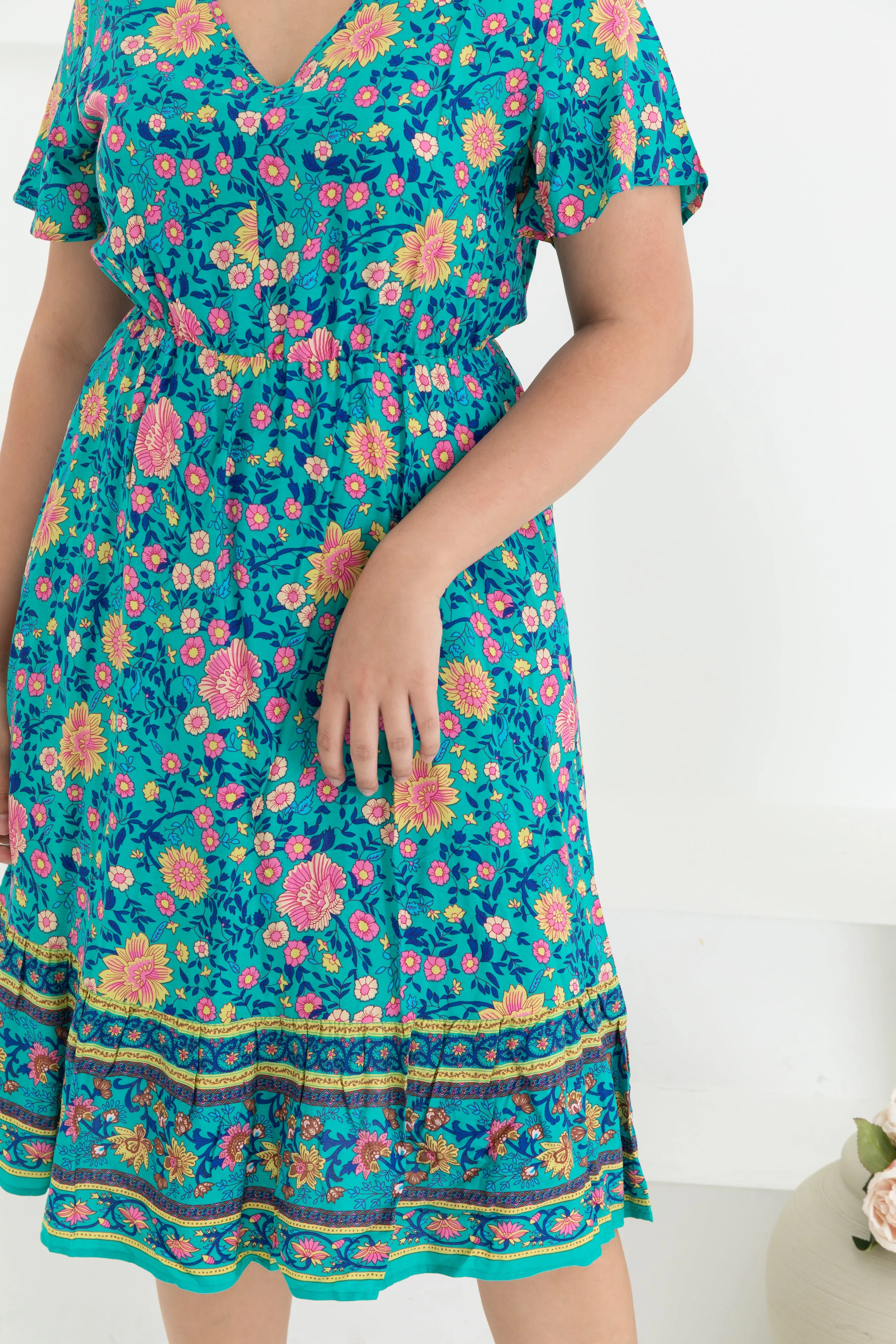 Emily Bohemian V-Neck Dress In Green Floral
