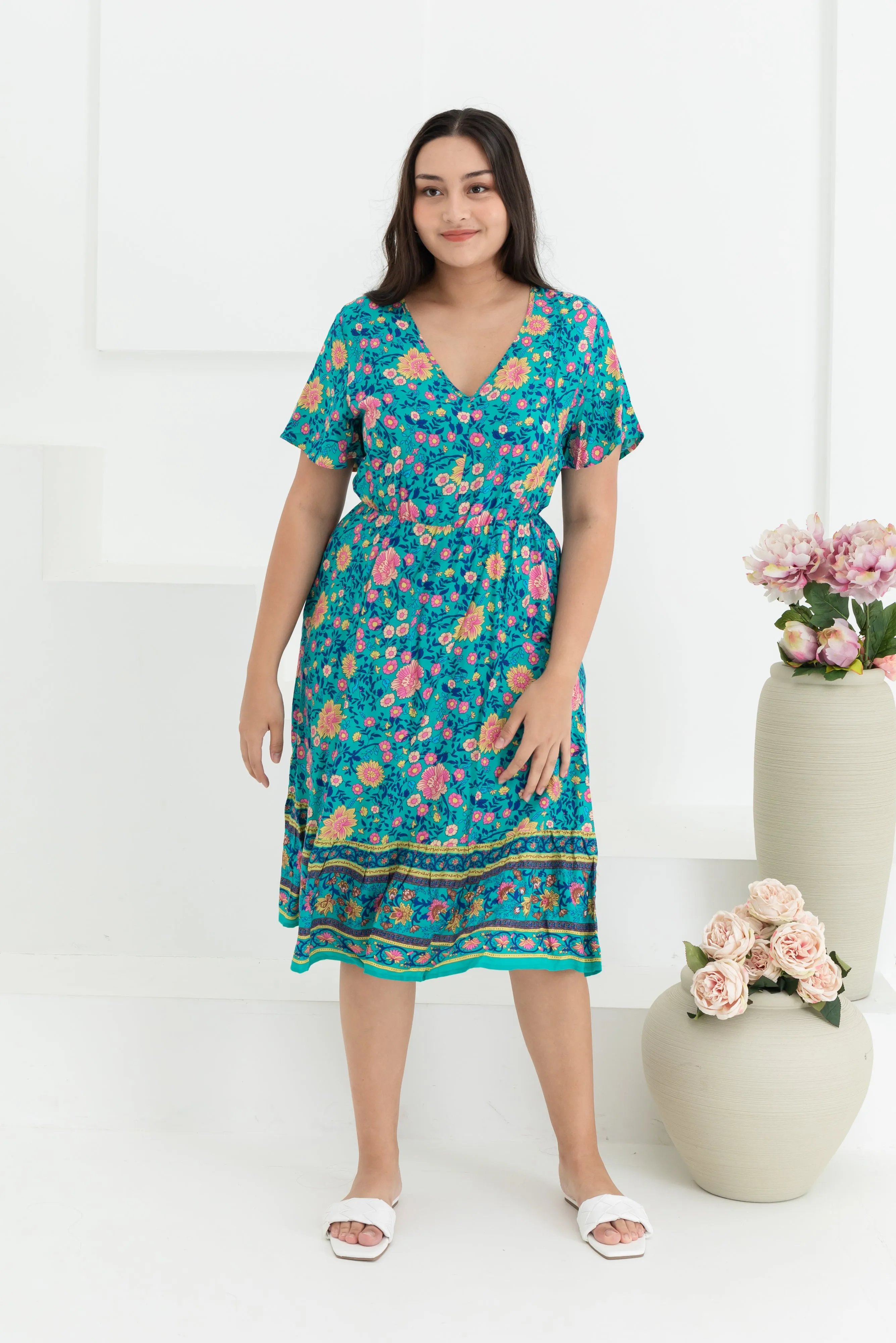 Emily Bohemian V-Neck Dress In Green Floral