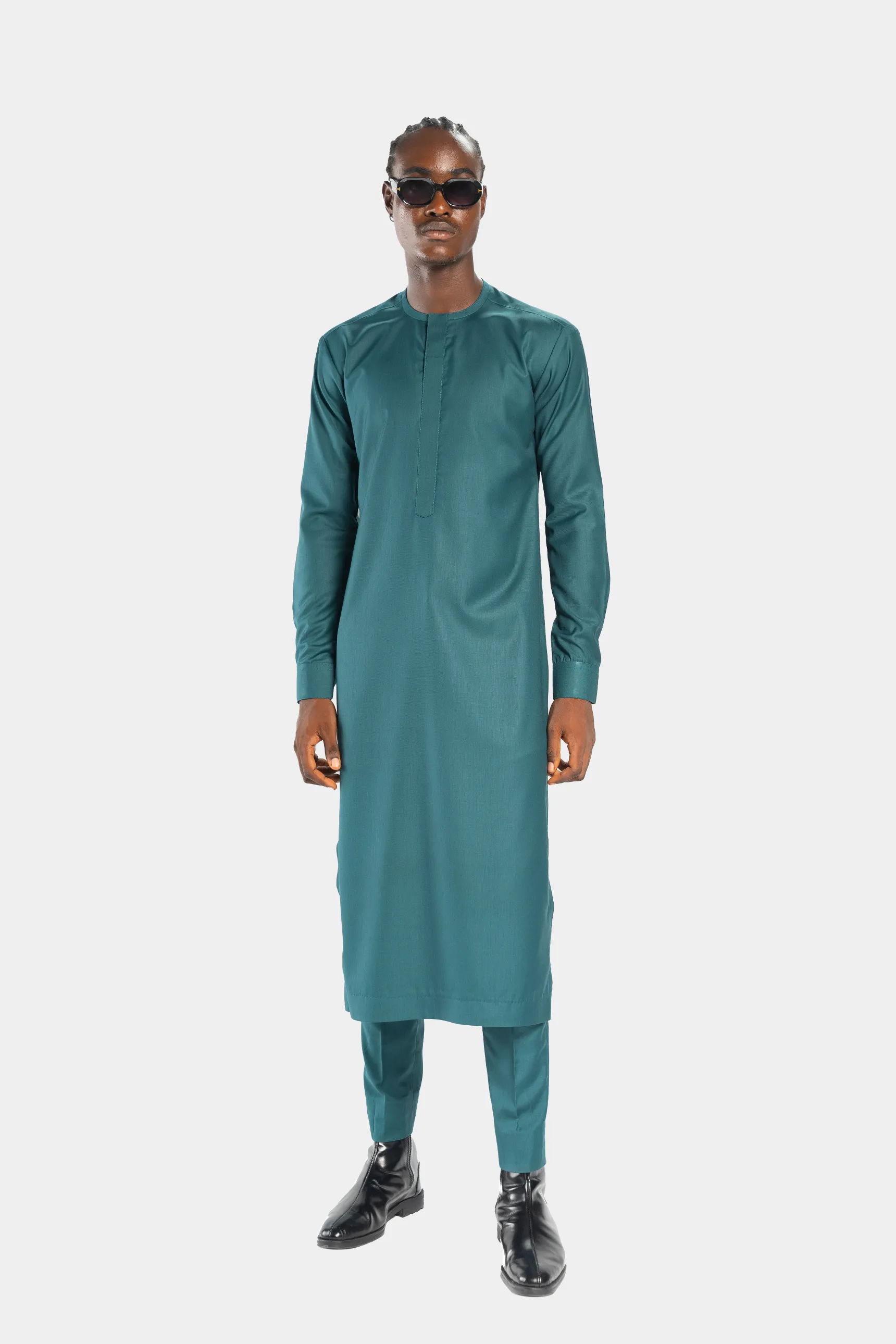 Extended Length Long Sleeve Wool Matching Set in Green