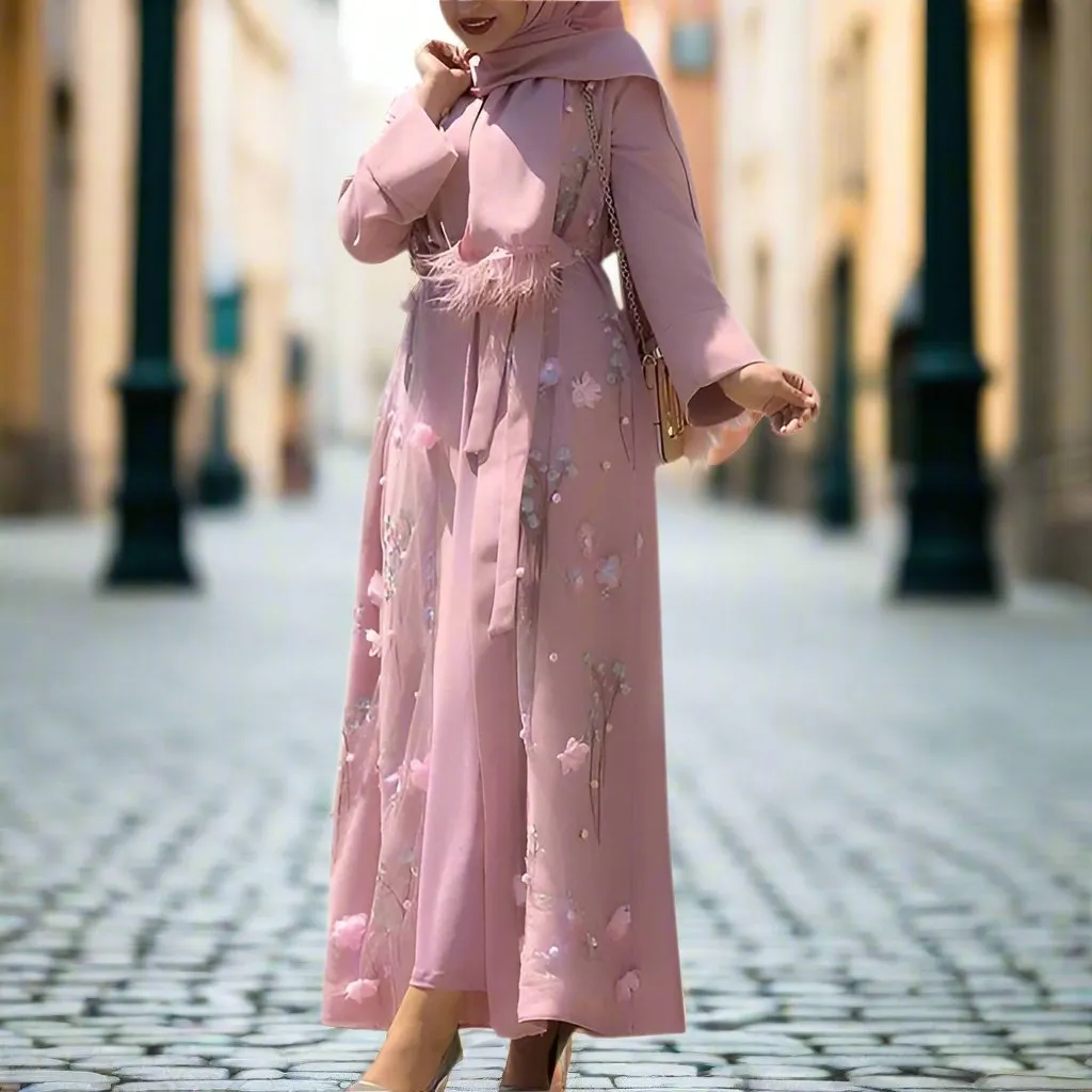 Floral Muslim Embroidery Long Sleeve Kaftan Elegant Luxury Maxi Dress L 474031
