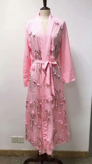 Floral Muslim Embroidery Long Sleeve Kaftan Elegant Luxury Maxi Dress L 474031