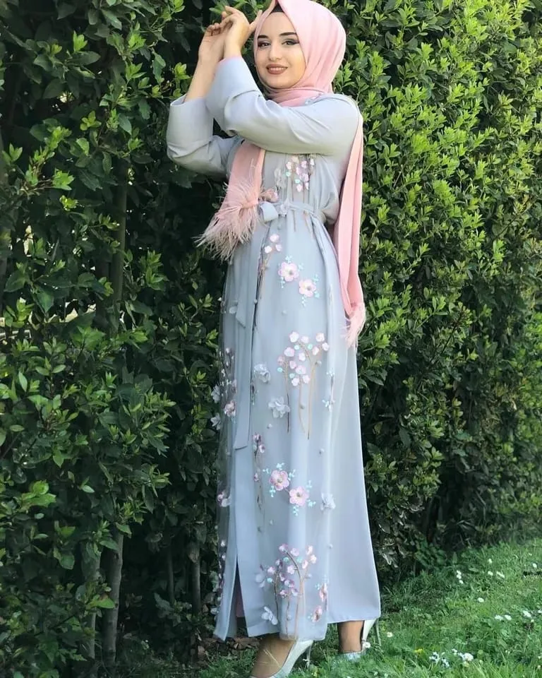 Floral Muslim Embroidery Long Sleeve Kaftan Elegant Luxury Maxi Dress L 474031
