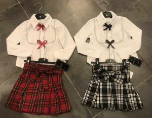 Girl's tartan skirt sets Black or red with white shirt and bows