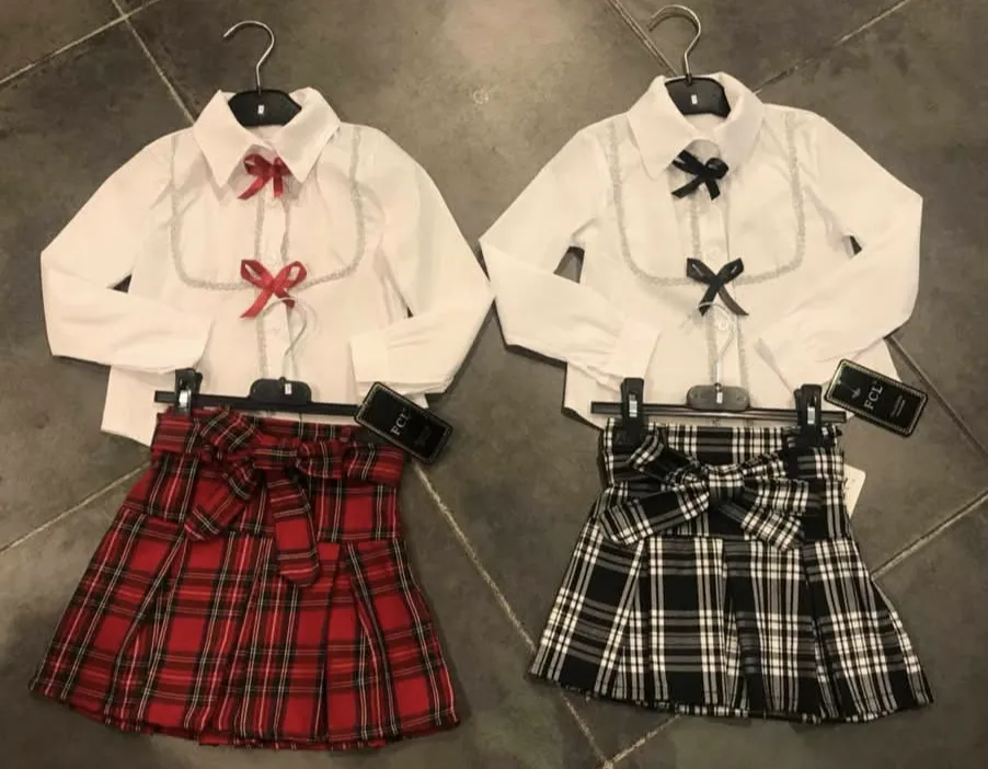 Girl's tartan skirt sets Black or red with white shirt and bows