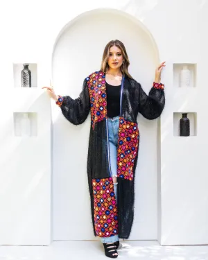 Glowing Handmade Black Kaftan Abaya - Semi-Sheer Fuzzy Tulle with Indian Embroidery by - Made in Egypt - One Size Fit