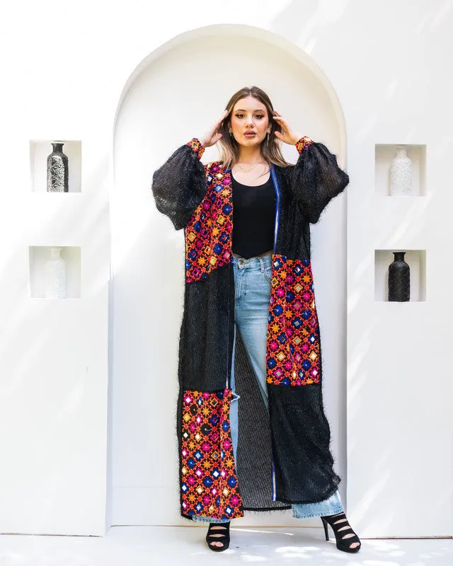 Glowing Handmade Black Kaftan Abaya - Semi-Sheer Fuzzy Tulle with Indian Embroidery by - Made in Egypt - One Size Fit