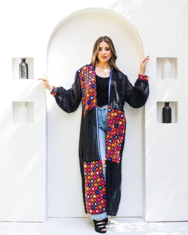 Glowing Handmade Black Kaftan Abaya - Semi-Sheer Fuzzy Tulle with Indian Embroidery by - Made in Egypt - One Size Fit