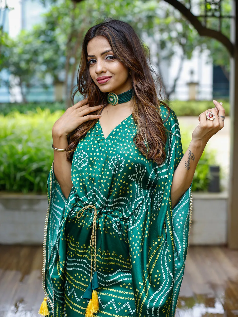Green Color Digital Bandhej Printed Pure Gaji Silk Kaftan