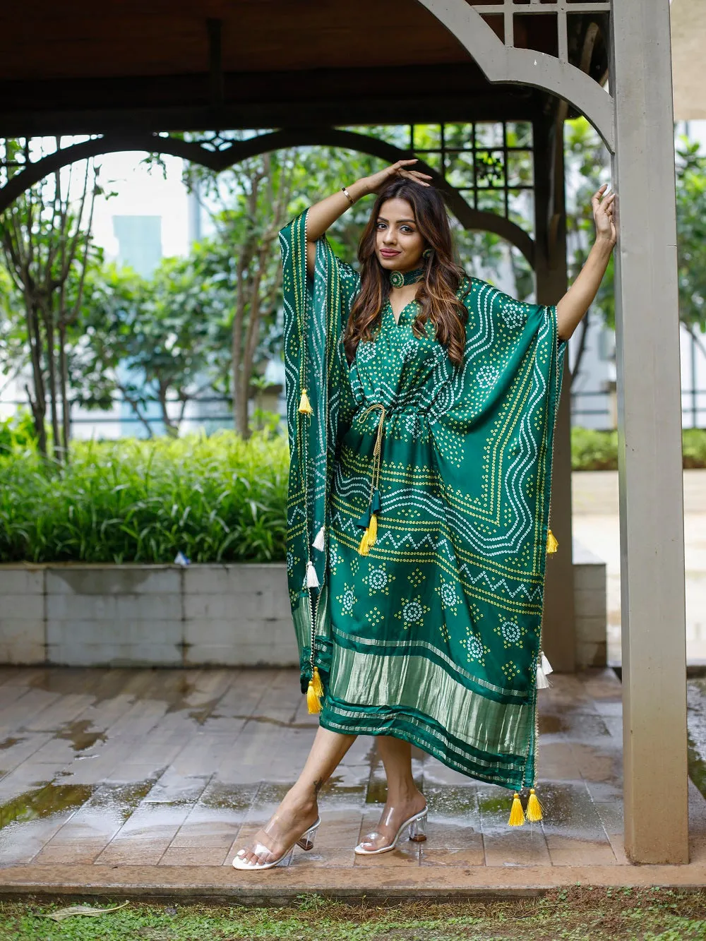 Green Color Digital Bandhej Printed Pure Gaji Silk Kaftan