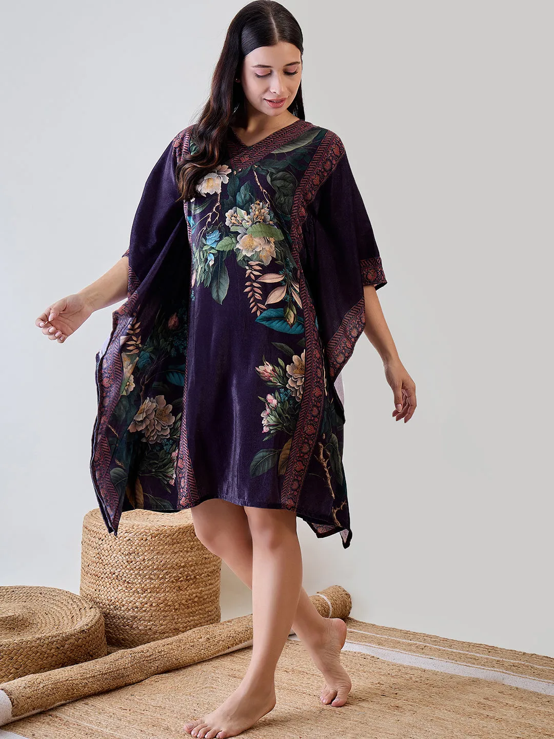 Green Floral Garden Velvet Night Wear Kaftan