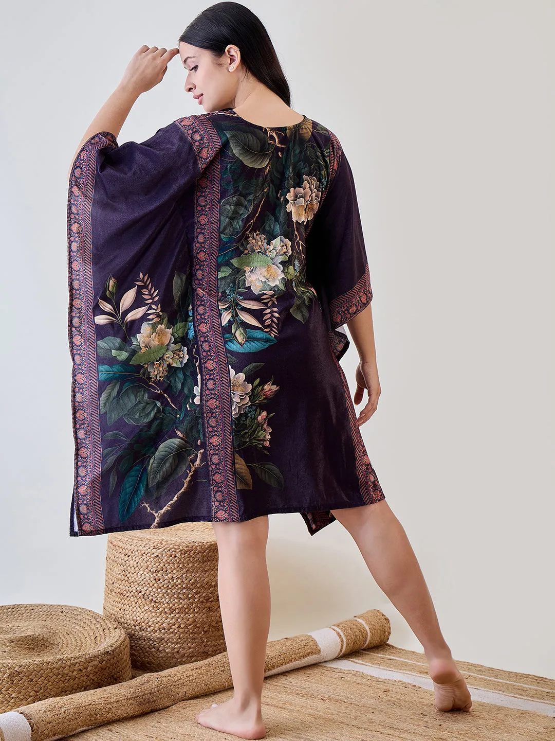 Green Floral Garden Velvet Night Wear Kaftan