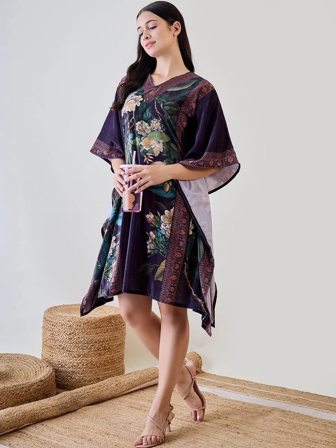 Green Floral Garden Velvet Night Wear Kaftan