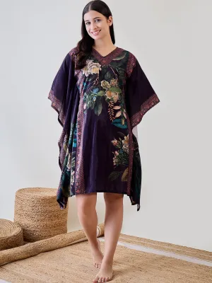 Green Floral Garden Velvet Night Wear Kaftan