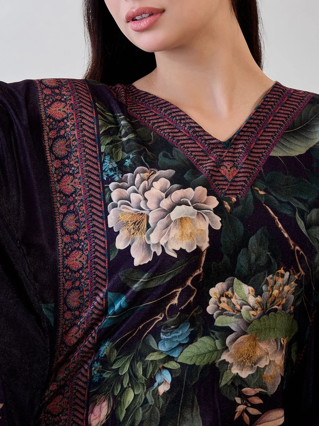 Green Floral Garden Velvet Night Wear Kaftan