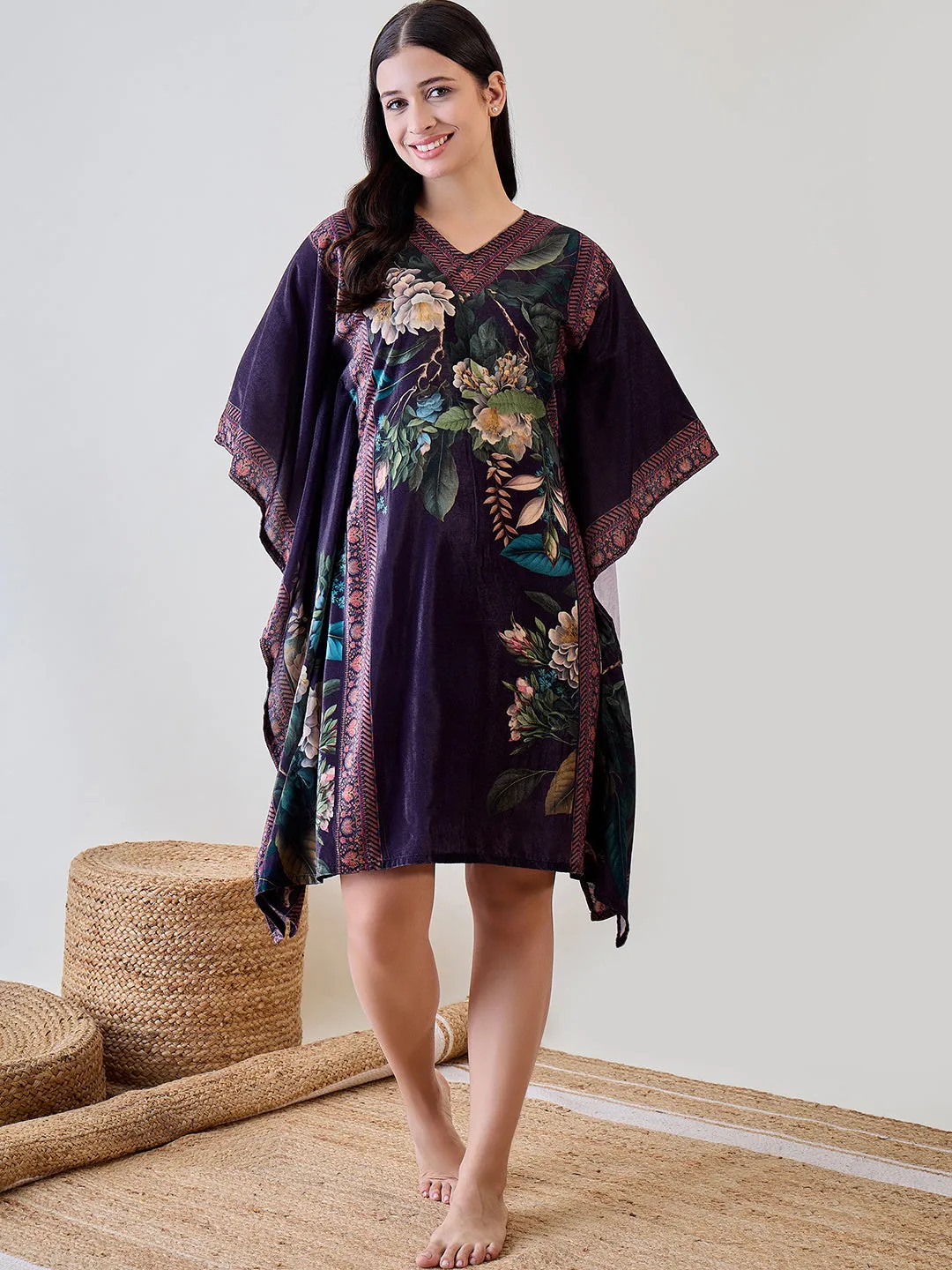 Green Floral Garden Velvet Night Wear Kaftan