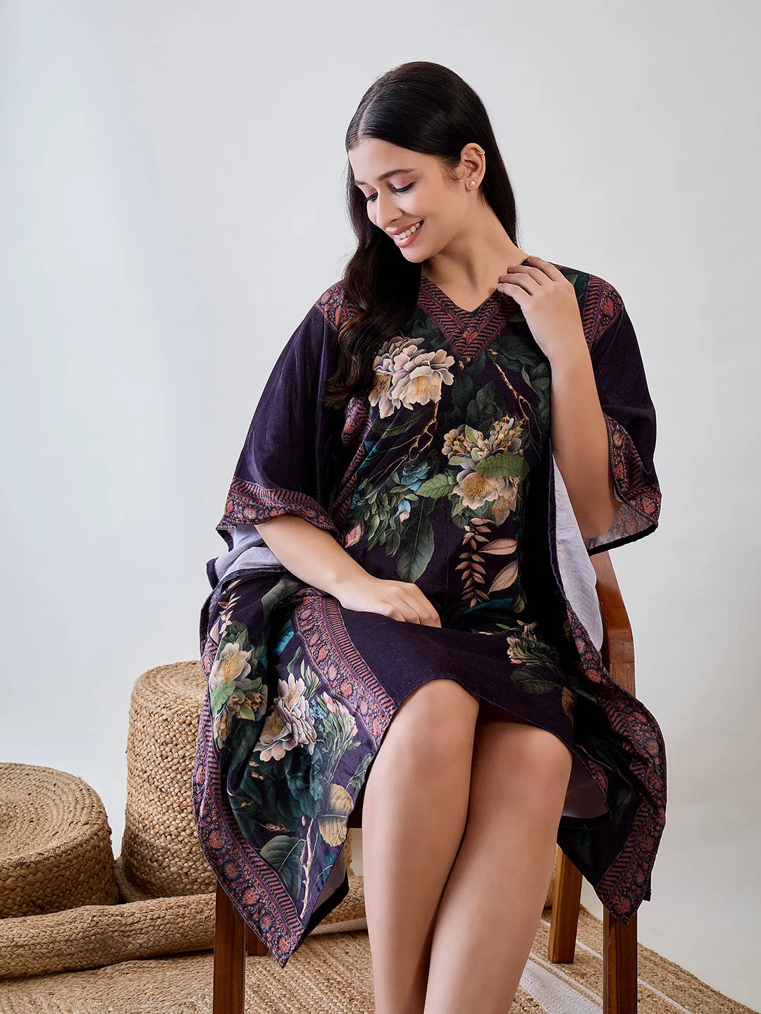Green Floral Garden Velvet Night Wear Kaftan