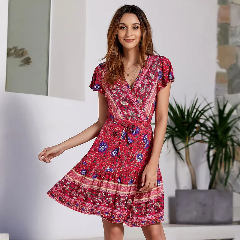 Guangzhou wholesale short sleeveless sexy V-neck bohemian floral boho dress summer