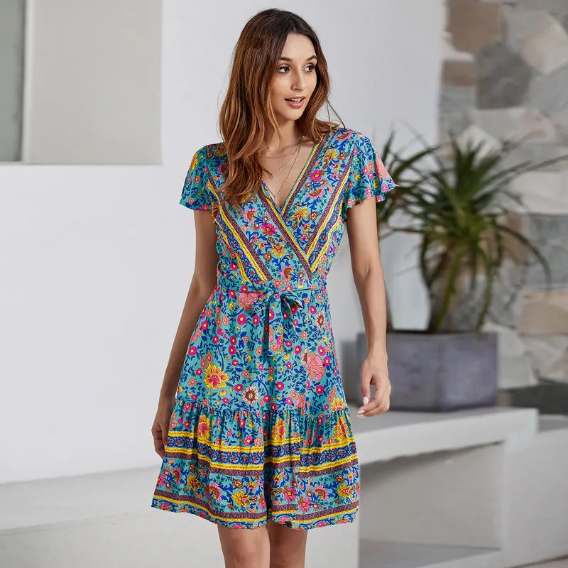 Guangzhou wholesale short sleeveless sexy V-neck bohemian floral boho dress summer