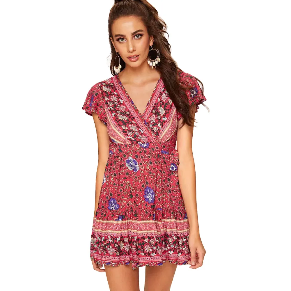 Guangzhou wholesale short sleeveless sexy V-neck bohemian floral boho dress summer