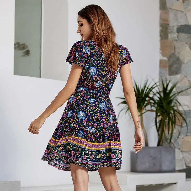 Guangzhou wholesale short sleeveless sexy V-neck bohemian floral boho dress summer