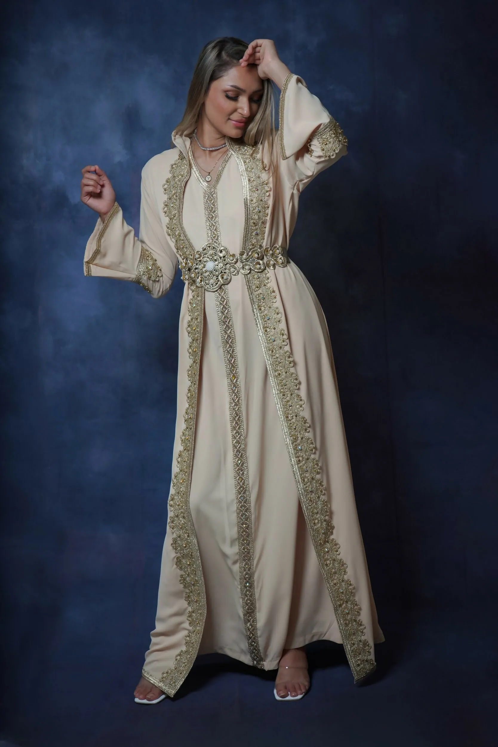 Handcrafted Embroidered Two-piece Silky Kaftan with Belt in Beige Free Size