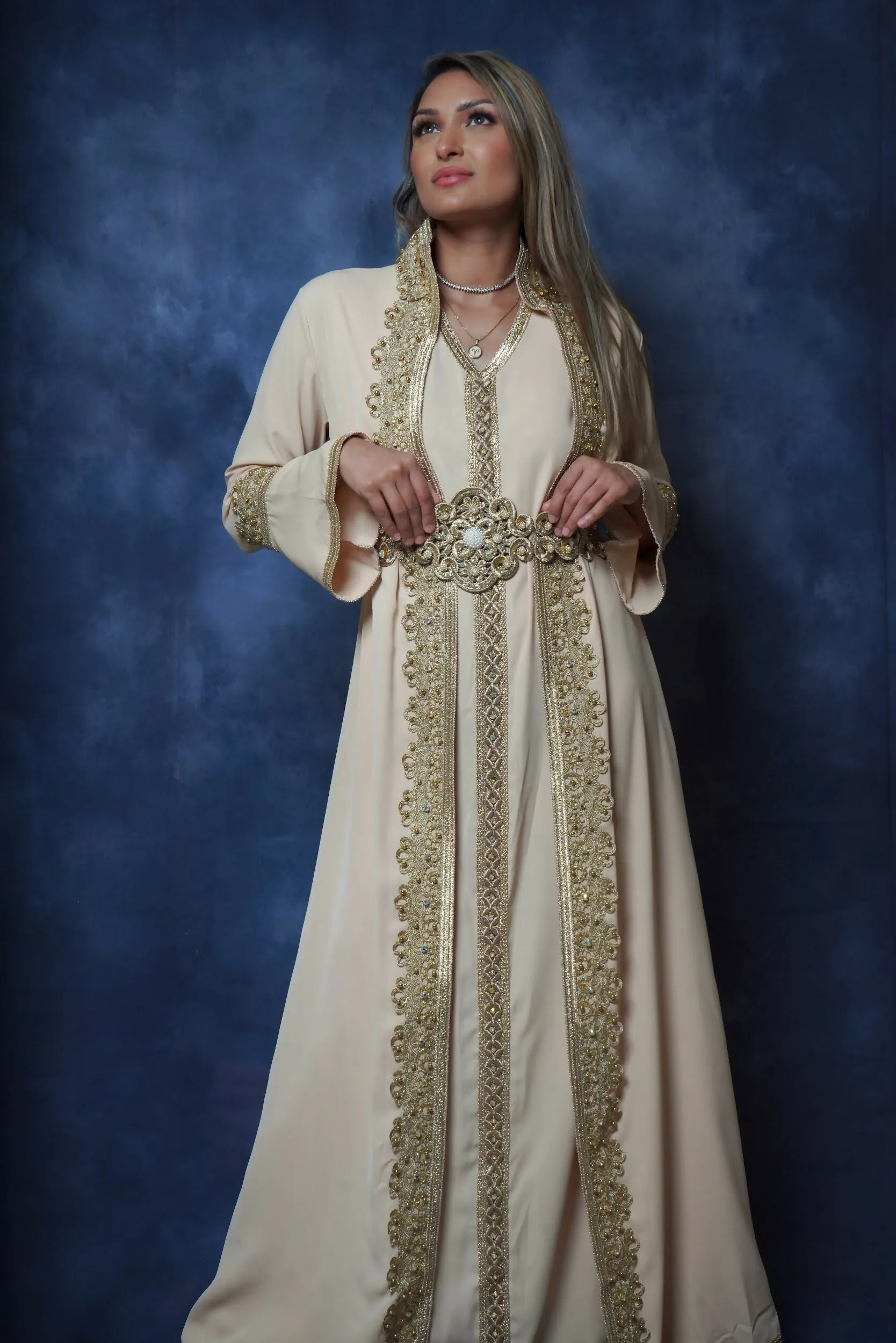 Handcrafted Embroidered Two-piece Silky Kaftan with Belt in Beige Free Size
