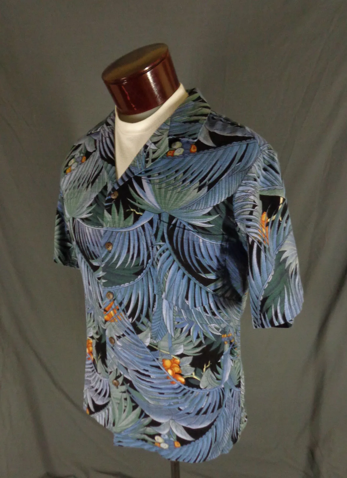 Hilo Hattie Mens Blue Exotic Palm Hawaiian Aloha Shirt L