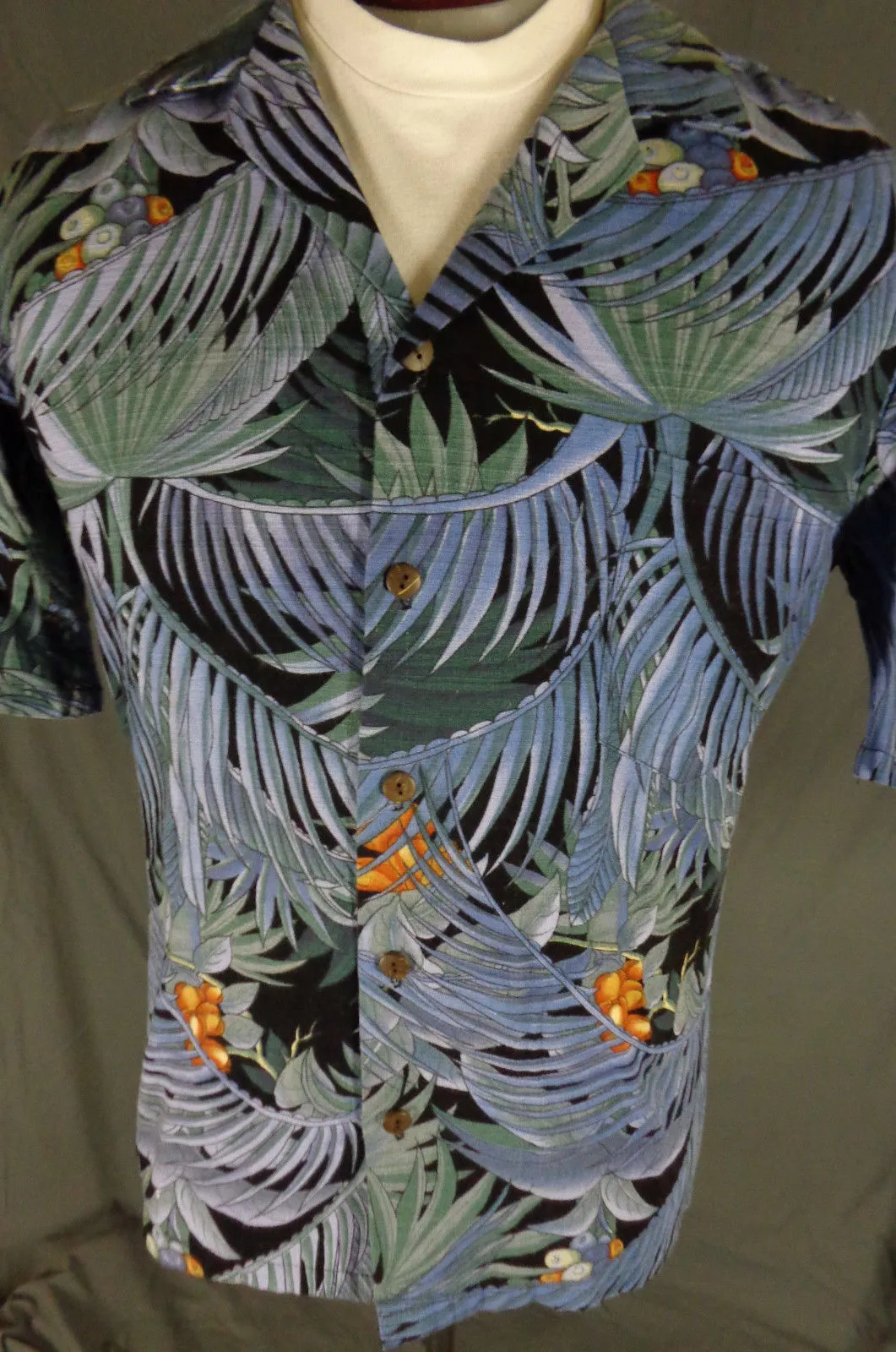 Hilo Hattie Mens Blue Exotic Palm Hawaiian Aloha Shirt L