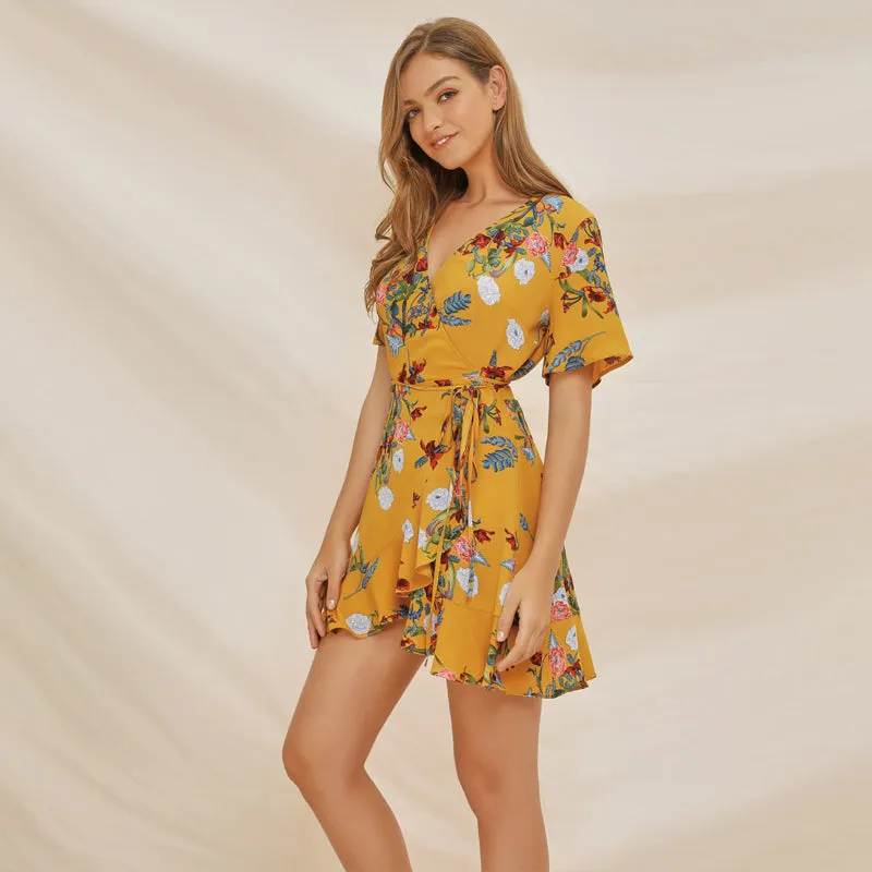 Hot selling summer dress V neck sexy irregular ladies boho ruffle flare floral mini dress women