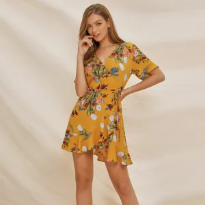 Hot selling summer dress V neck sexy irregular ladies boho ruffle flare floral mini dress women