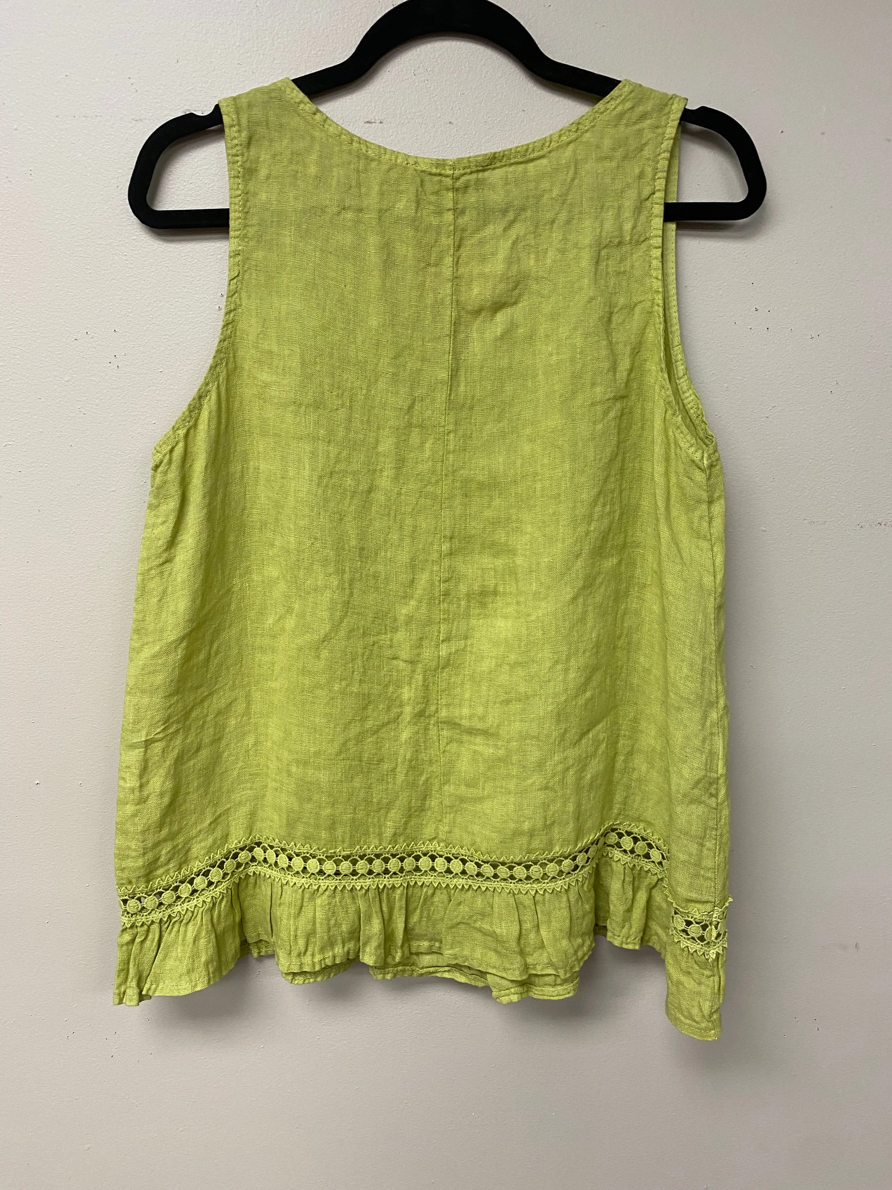 Italian linen with crocheted ribbon and ruffled hem.