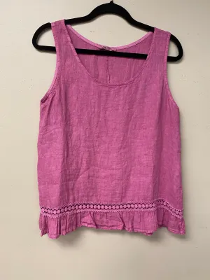 Italian linen with crocheted ribbon and ruffled hem.