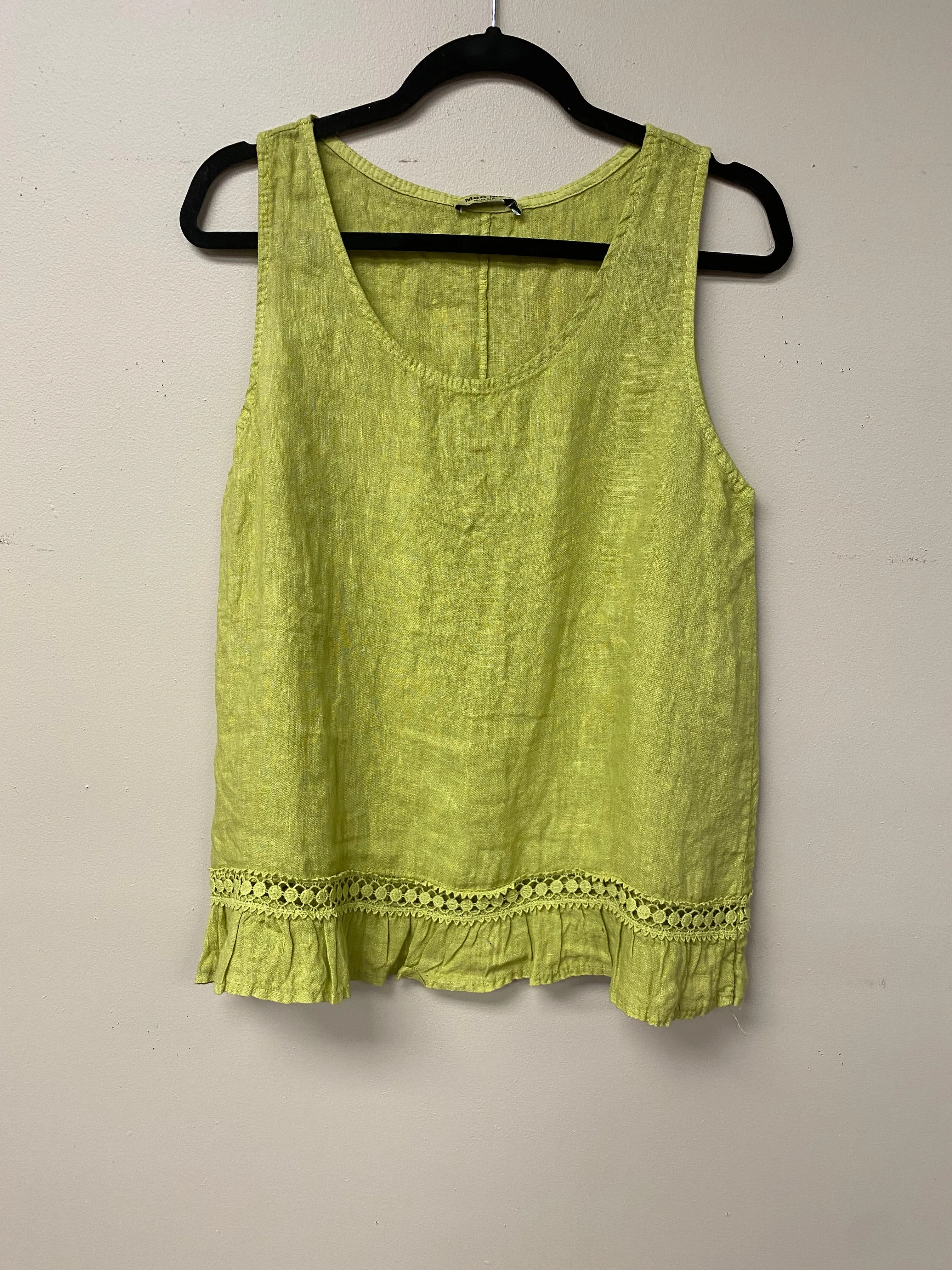 Italian linen with crocheted ribbon and ruffled hem.
