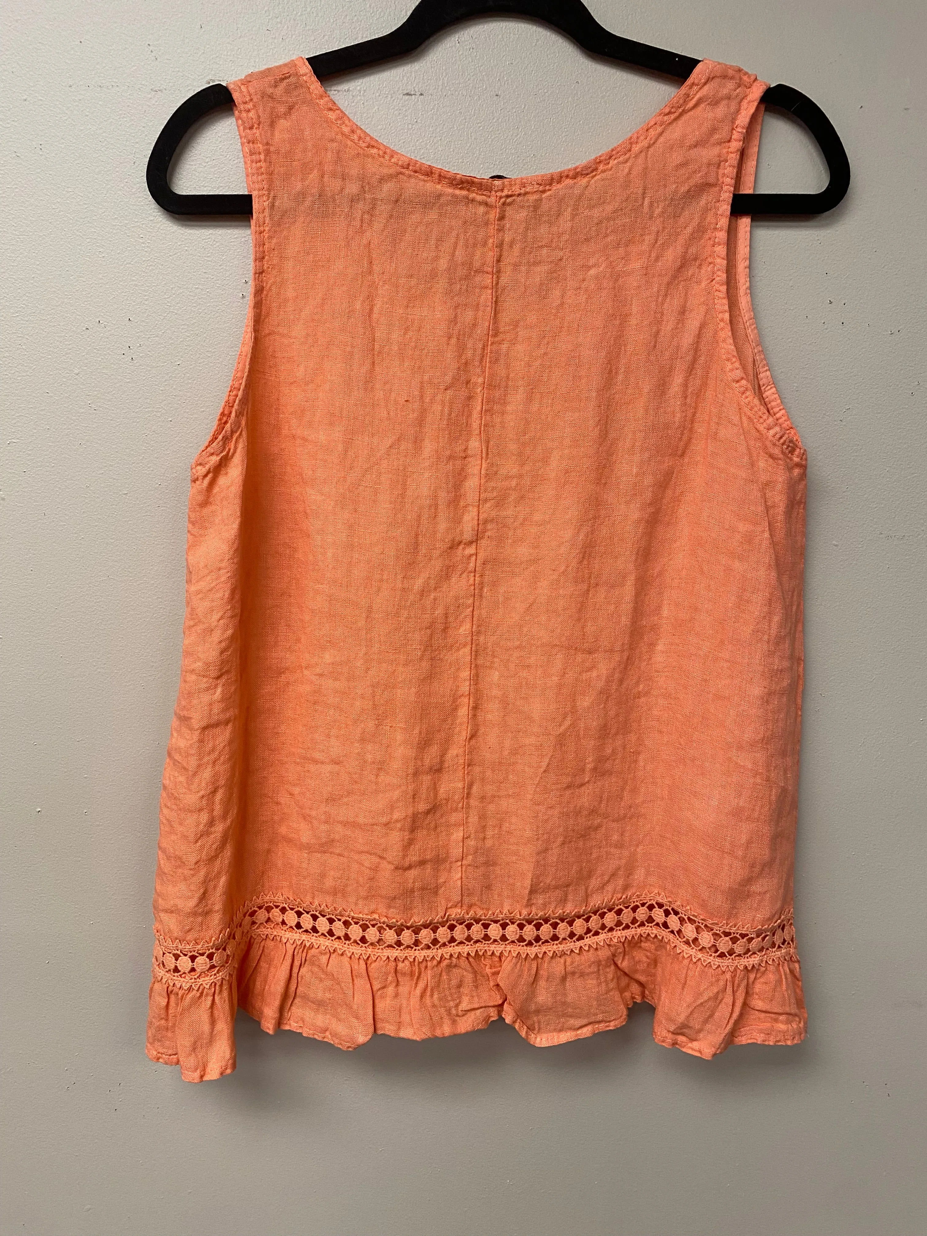 Italian linen with crocheted ribbon and ruffled hem.