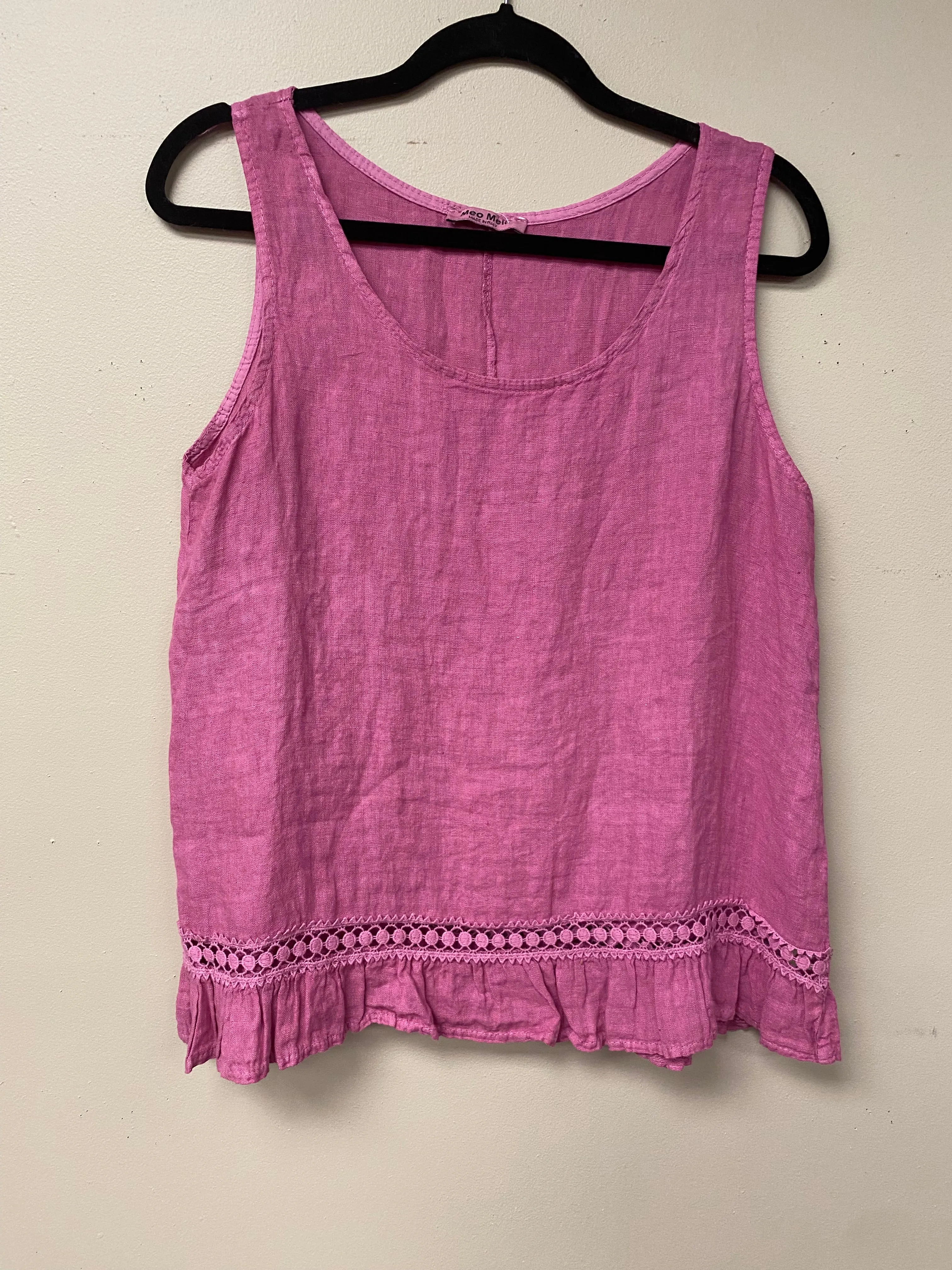 Italian linen with crocheted ribbon and ruffled hem.